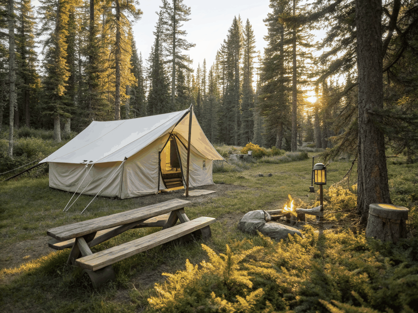Professional grade camping tent set up in rugged terrain