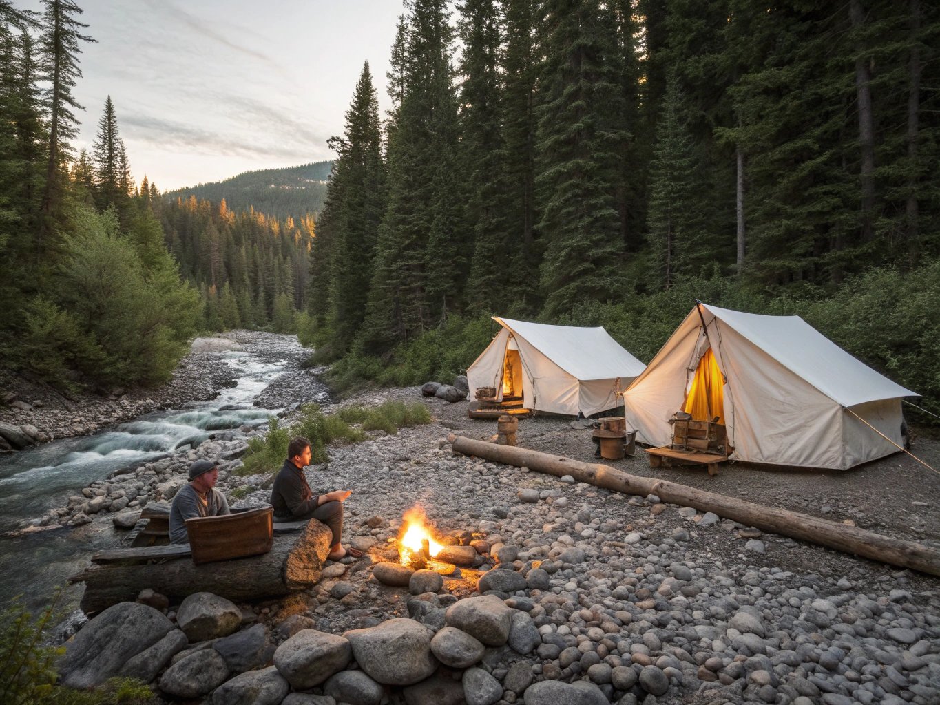 Outdoor camping landscape with camping gear